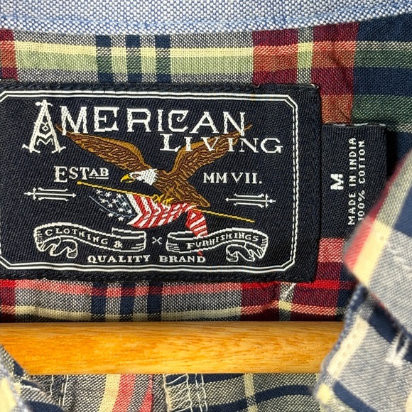 American Living Men Long sleeve Patchwork Button Down Shirt Sz M Plaid Madras - Picture 6 of 11